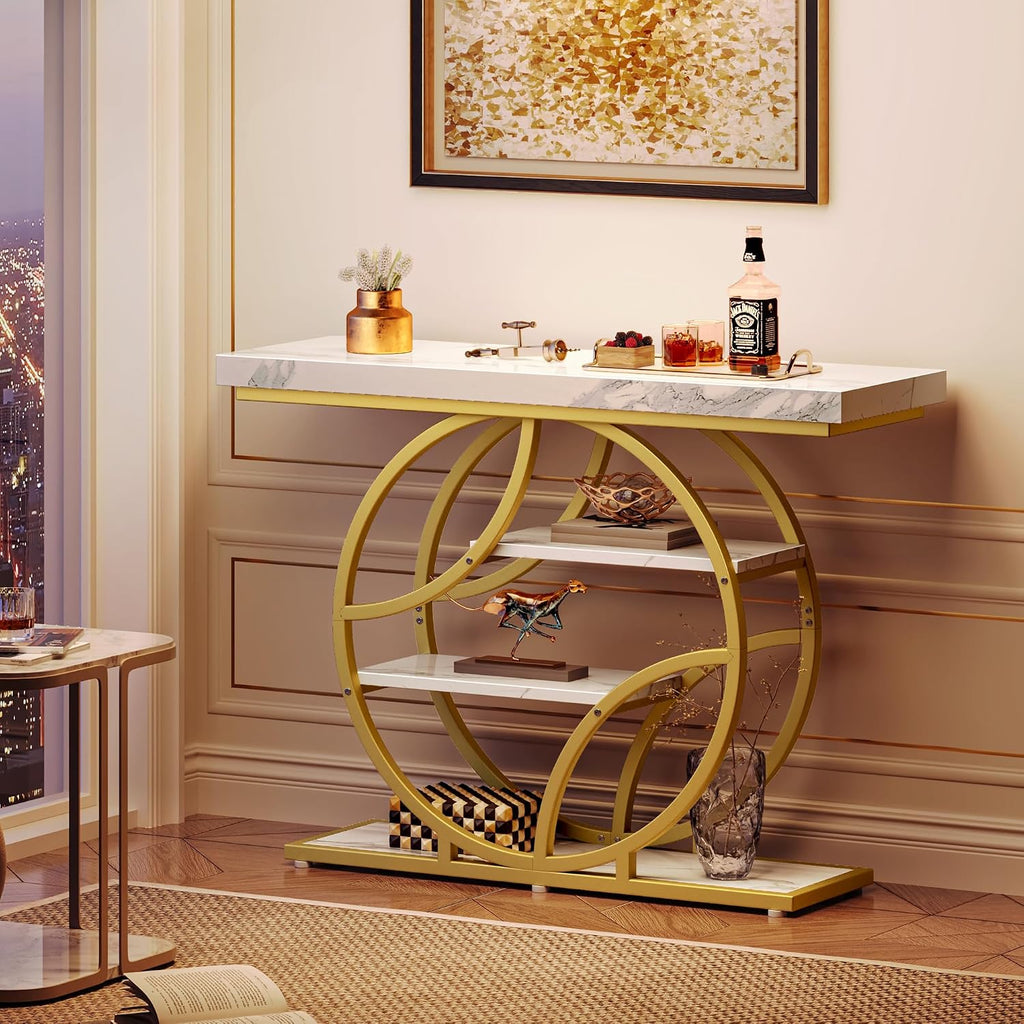Huuger 41.3 Inch Entryway Table with Marble Top, Modern Console Sofa Table, Accent Table with Shelves, for Entry, Hallway, Entrance, Foyer, O-Shaped Metal Frame, White Marble & Gold