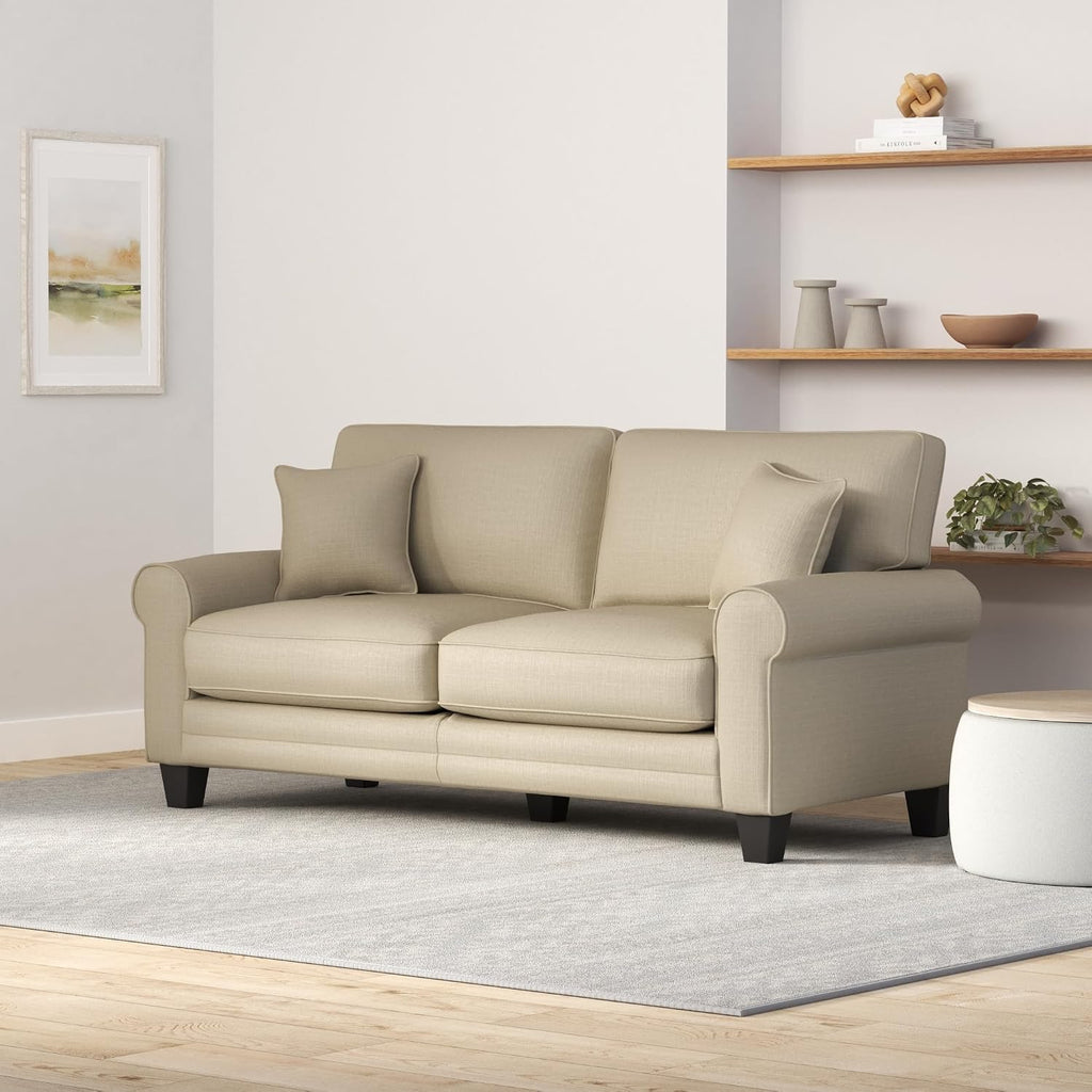 Serta Copenhagen 73' Rolled Arm Sofa, Easy Care Polyester, Soft Pillow Back, Pocket Coil Seat Cushions, Removable Covers, Loveseat or Couch for Small Spaces, Living Rooms or Bedrooms, Buckwheat Beige