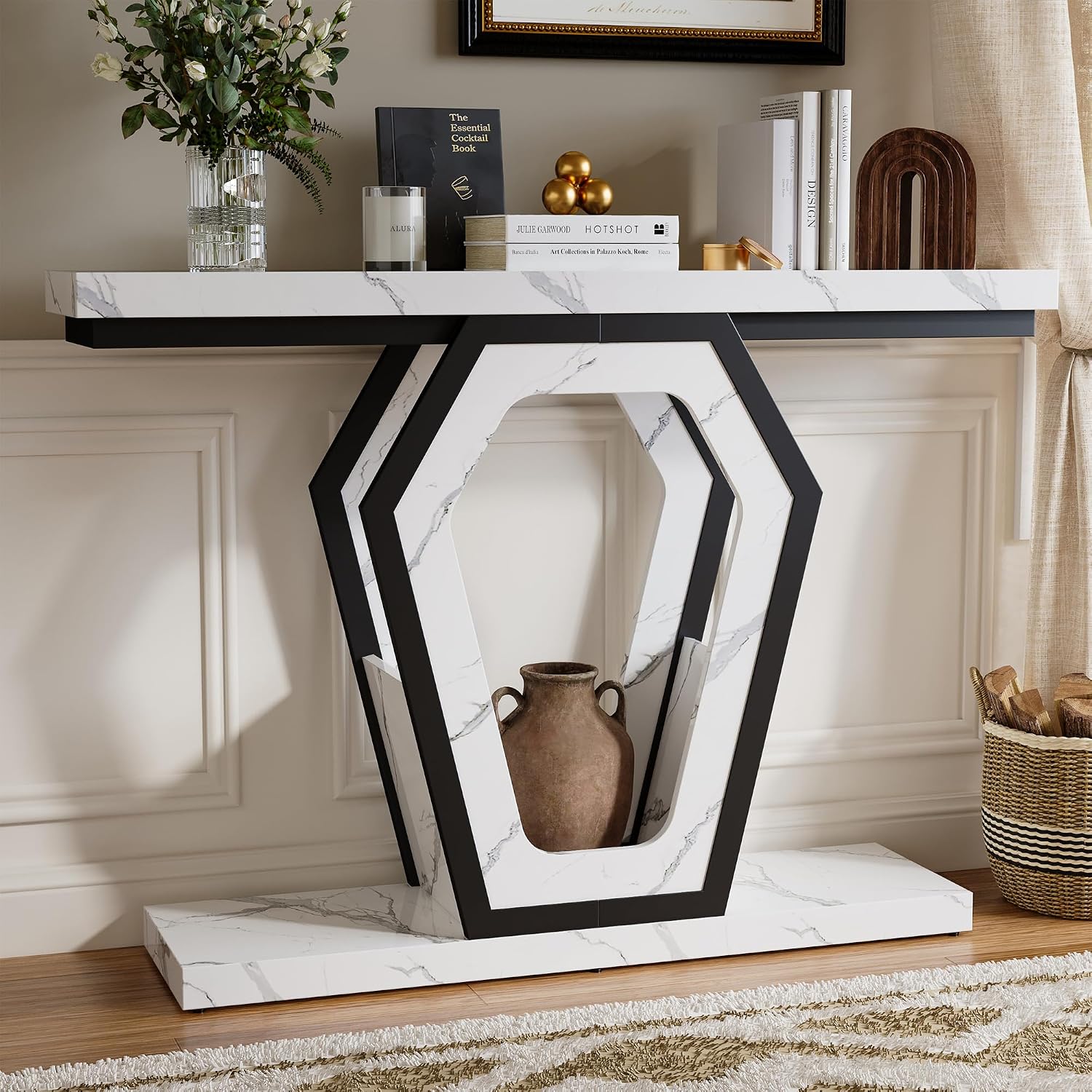 FUSUNBAO 47.3' Console Table,Openwork Bracket Sofa Table, Wood Narrow Entryway Table for Hallway, Behind The Couch, Living Room, Foyer, Easy Assembly（White Marble Texture）