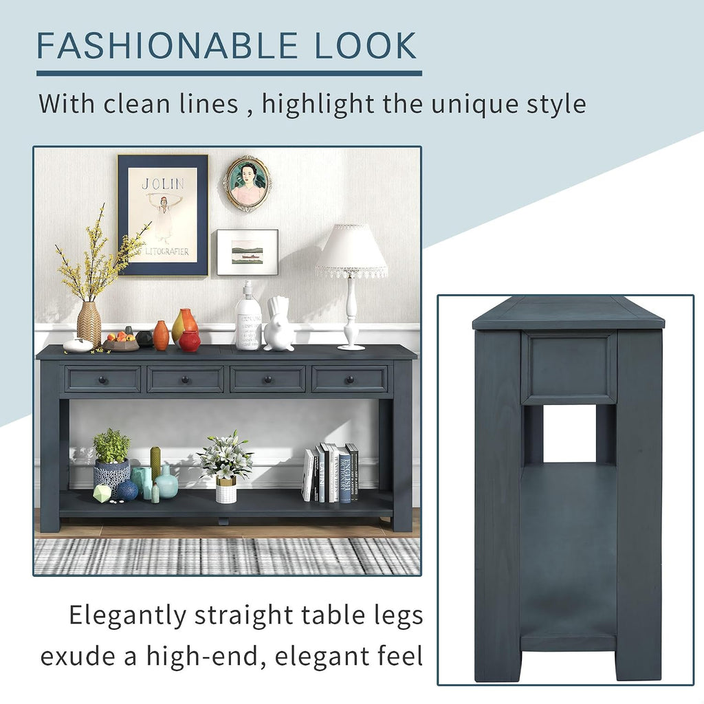 GDFStudio Farmhouse Console Table with 4 Drawer 63' Long Rustic Entryway Table with Open Storage Shelves Vintage Metal Handle Narrow Foyer Sofa Tables for Living Room Entryway Hallway, Navy Blue