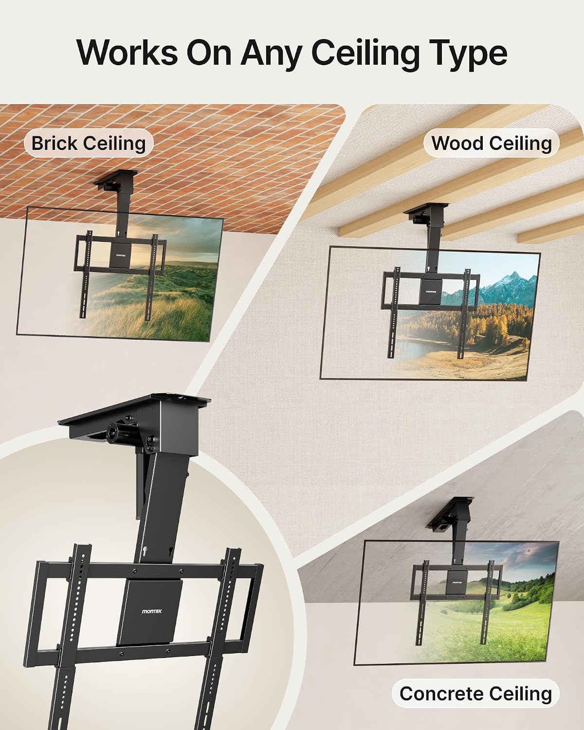 monTEK Motorized Ceiling TV Mount for 32-75 Inch TVs up to 121lbs, Heavy-Duty Electric Flip Down Ceiling Mount, Off-Center TV Compatible, Remote/App/Voice Control, Fits Flat & Pitched Roof