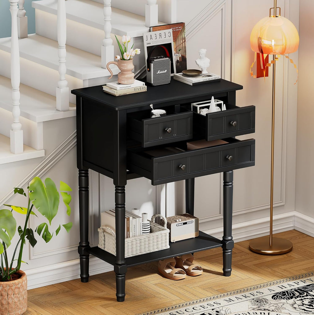 Merax Narrow Console Table, Elegant Slim Entryway Table Sofa Table with Three Storage Drawers and Bottom Shelf for Entryway for Hallway, and Living Room (Black)