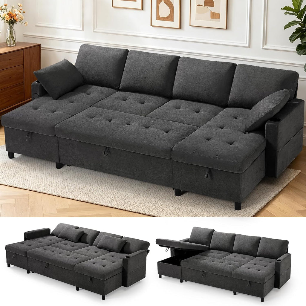 110' Fabric Pull-Out Couch Bed w/Adjustable Backrests, Sectional Sleeper Sofa w/USB Ports & 2 Cup Holders, Upholstered U-Shaped Couch w/Storage Chaise for Living Room, House, Grey