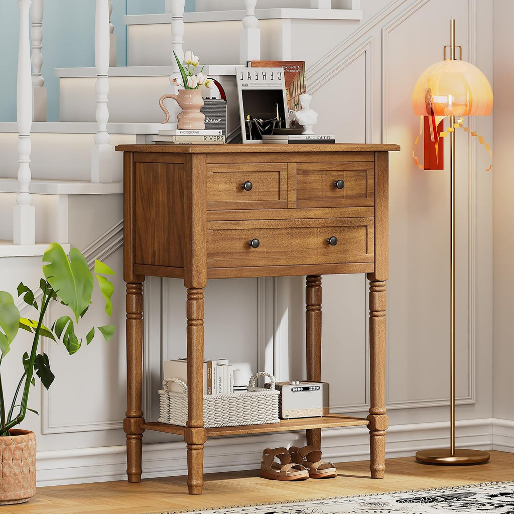 Merax Narrow Console Table, Elegant Slim Entryway Table Sofa Table with Three Storage Drawers and Bottom Shelf for Entryway for Hallway, and Living Room (Natural)