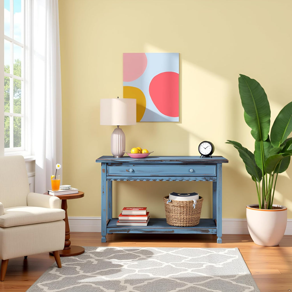 Alaterre Furniture Rustic Cottage Media Console Table, Antique Blue with 1 Drawer and 1 Shelf, Hardwood Construction, Ideal for Living Room or Entryway
