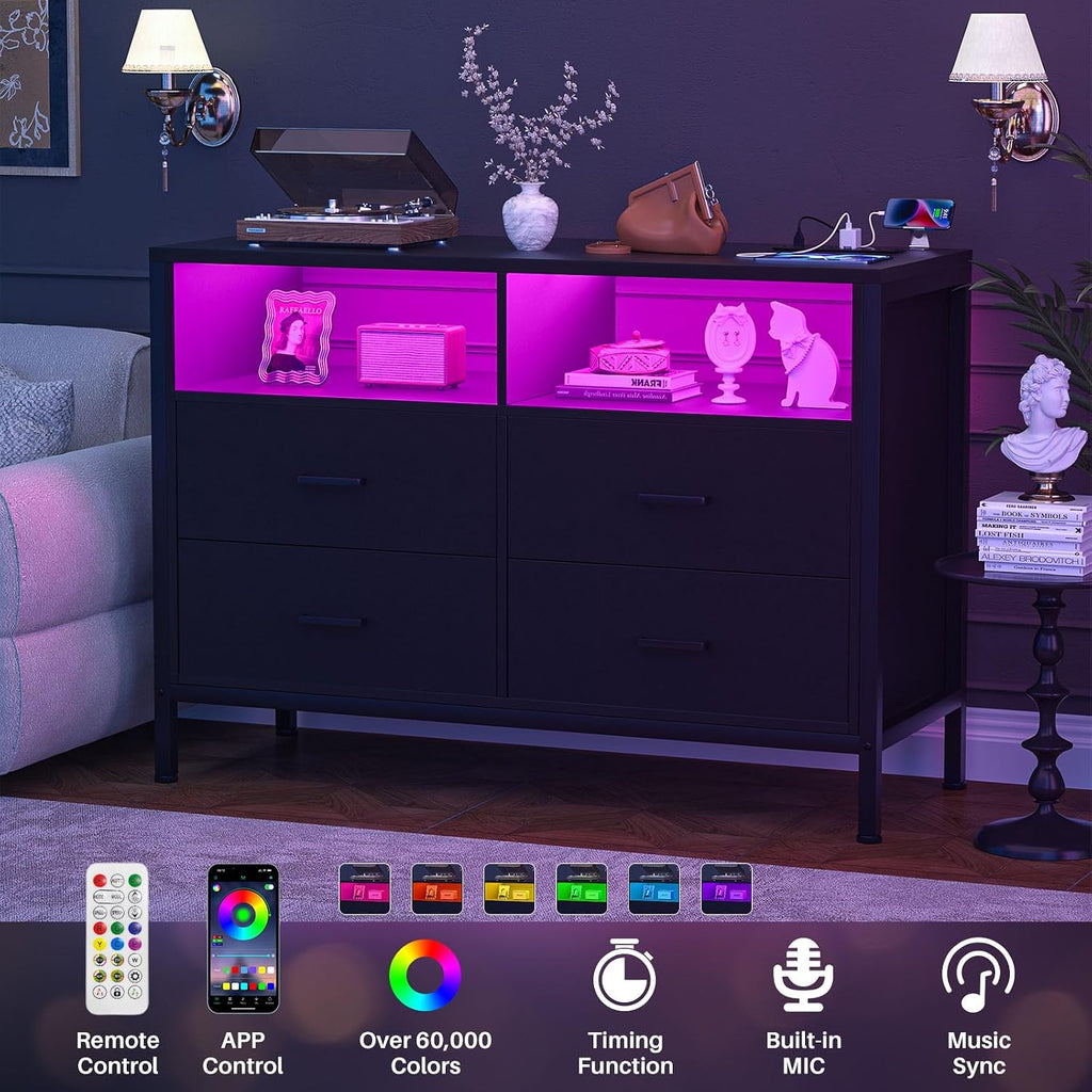 TV Stand Dresser with Power Outlets and LED Lights, 4 Wood Drawers Dresser, Entertainment Center with 2 Open Storage Shelf, Media Console Table for 50 43 Inch TV, Black