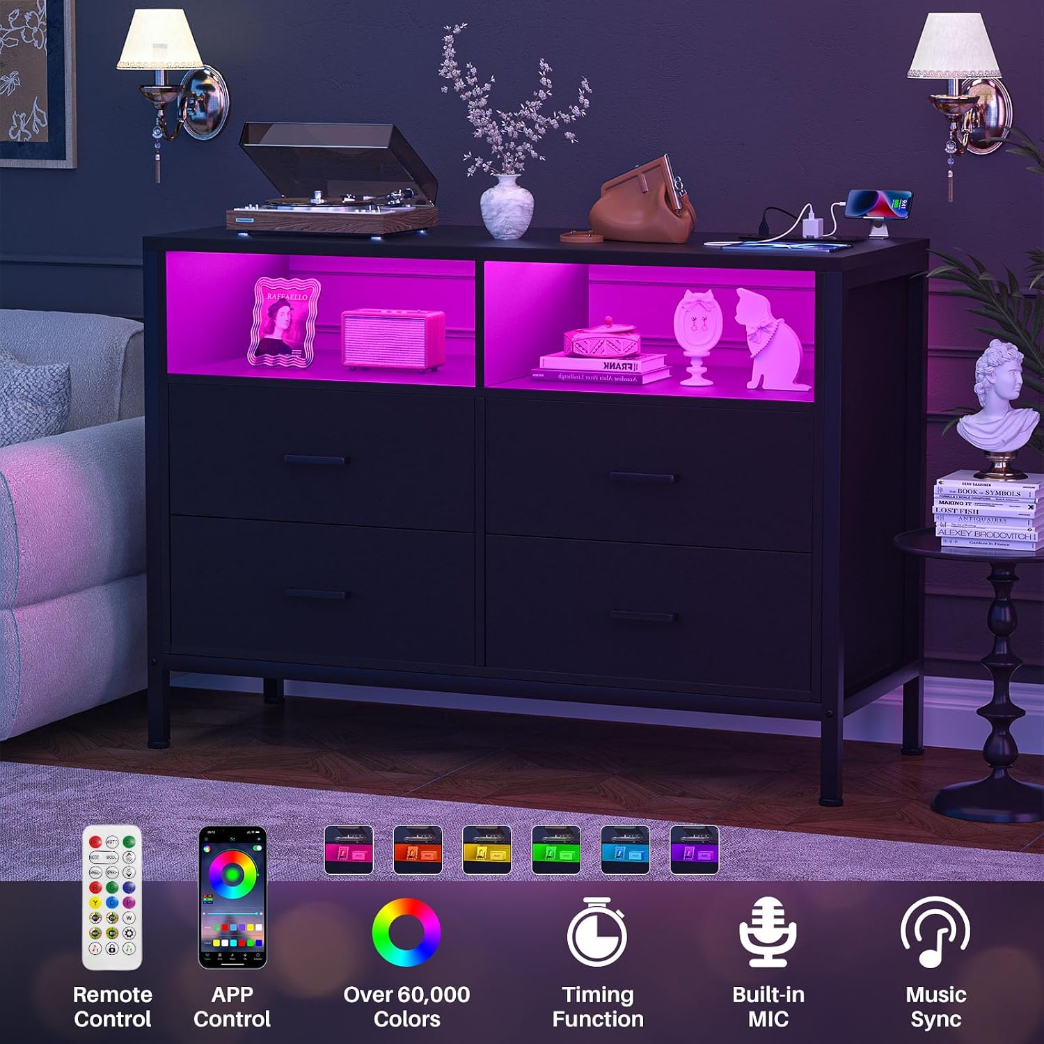 TV Stand Dresser with Power Outlets and LED Lights, 4 Wood Drawers Dresser, Entertainment Center with 2 Open Storage Shelf, Media Console Table for 50 43 Inch TV, Black