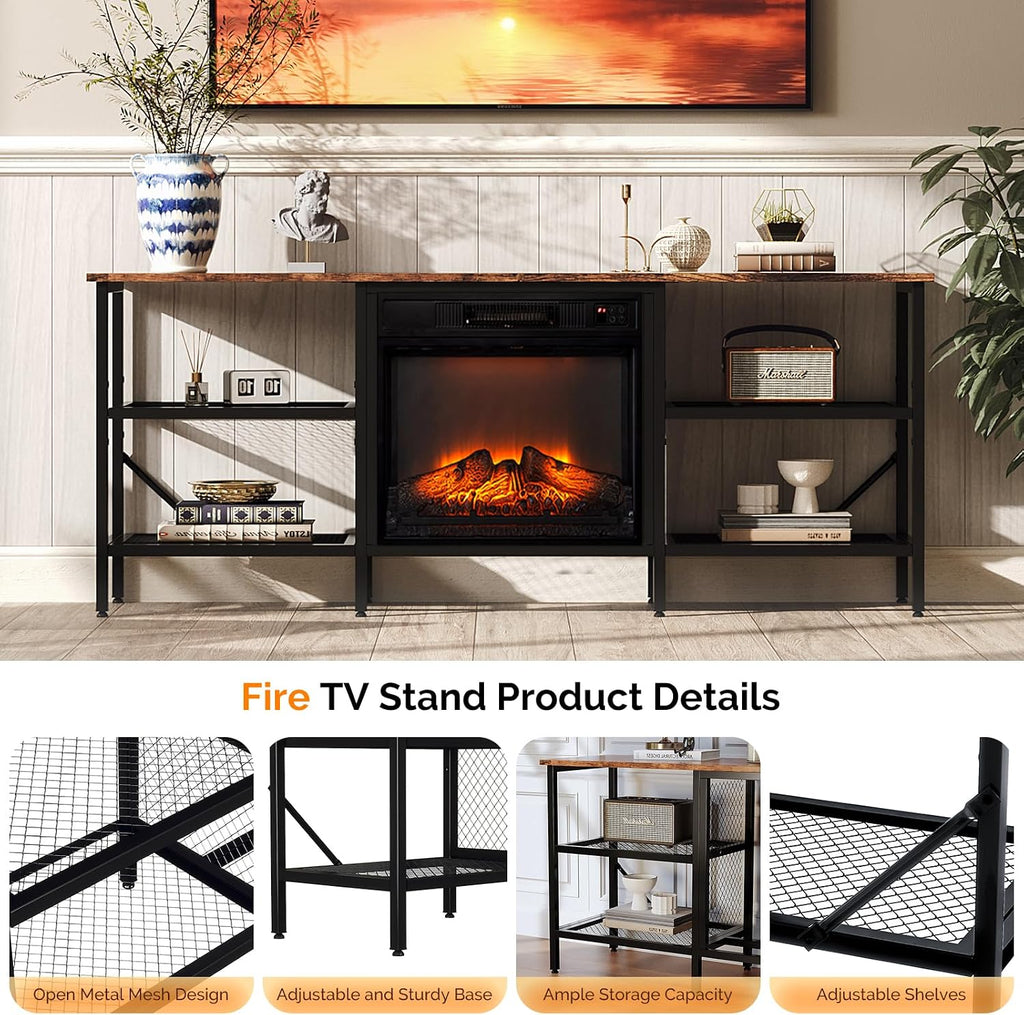 Bonnlo 58' Fireplace TV Stand, Rustic Brown Industrial Entertainment Center with Electric Fireplace, Open Metal Mesh Shelves, TV Stand for 65–70 Inch TVs