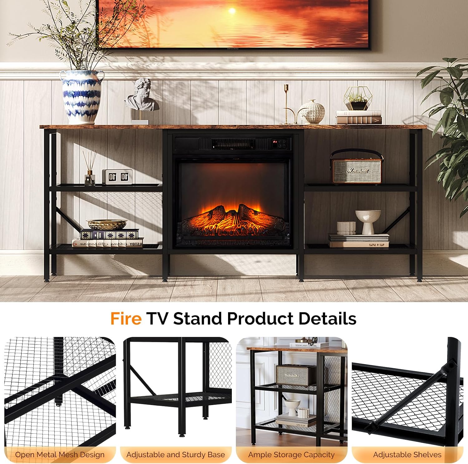Bonnlo 58' Fireplace TV Stand, Rustic Brown Industrial Entertainment Center with Electric Fireplace, Open Metal Mesh Shelves, TV Stand for 65–70 Inch TVs