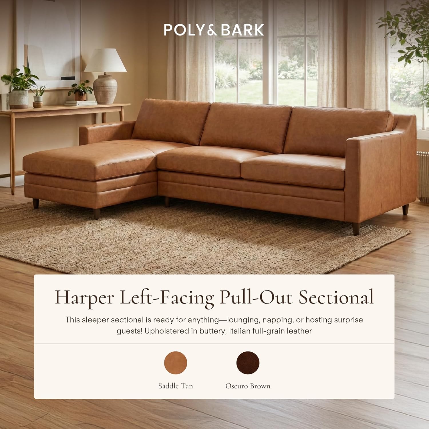 Poly & BARK Harper Left-Facing Leather Sleeper Sectional Sofa Cognac Tan– Full-Grain Aniline Leather, Sculptural Silhouette, Walnut-Finished Legs – Modern Statement Sofa for Living Spaces