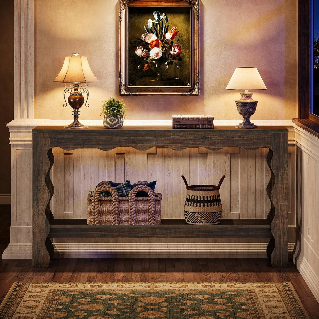 Tribesigns 63 Inch Entryway Table, Modern Rustic Entry Table with Scalloped Edge & Storage Shelf, Accent Narrow Long Sofa Table Behind Couch Console Tables for Entryway, Living Room, Dark Brown