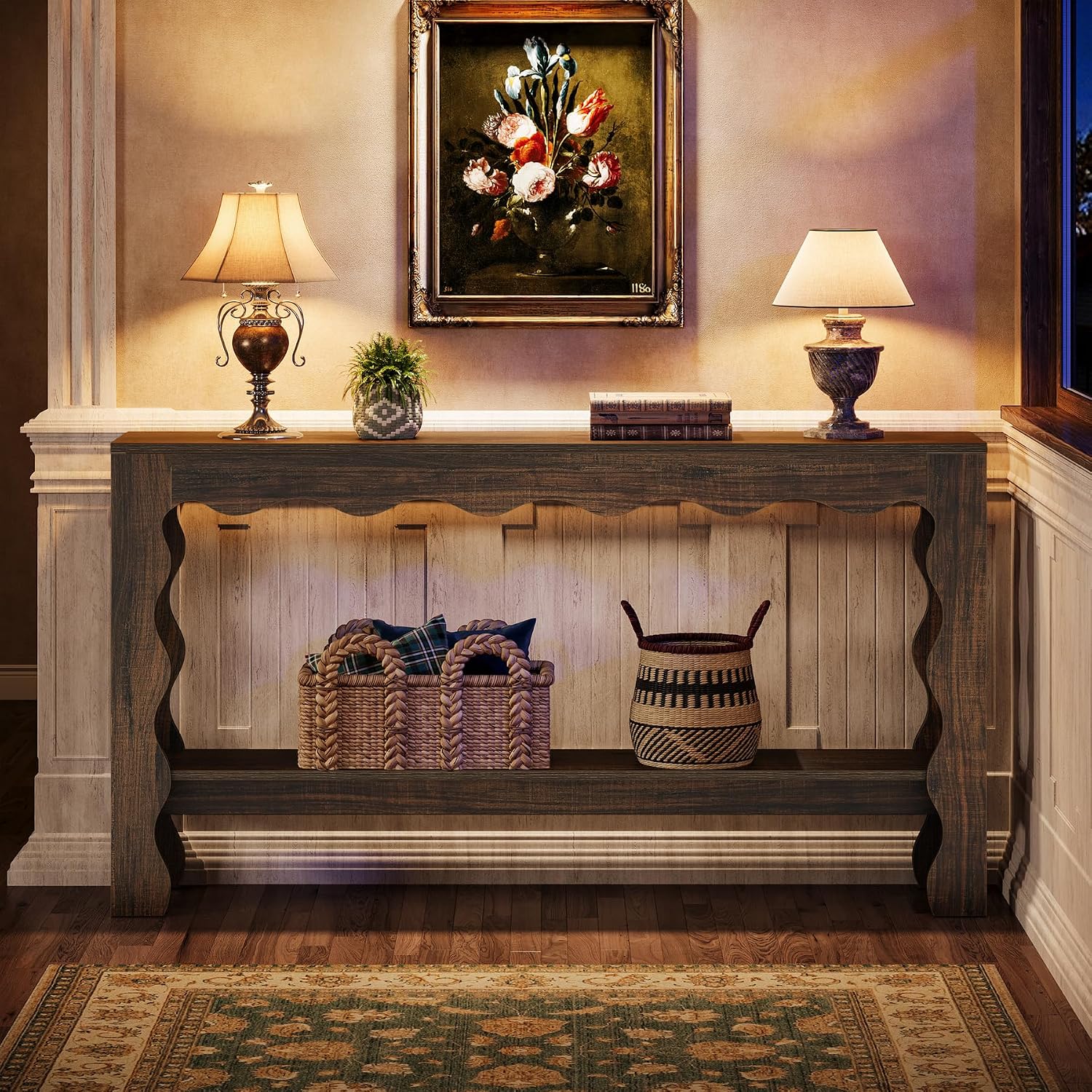 Tribesigns 63 Inch Entryway Table, Modern Rustic Entry Table with Scalloped Edge & Storage Shelf, Accent Narrow Long Sofa Table Behind Couch Console Tables for Entryway, Living Room, Dark Brown