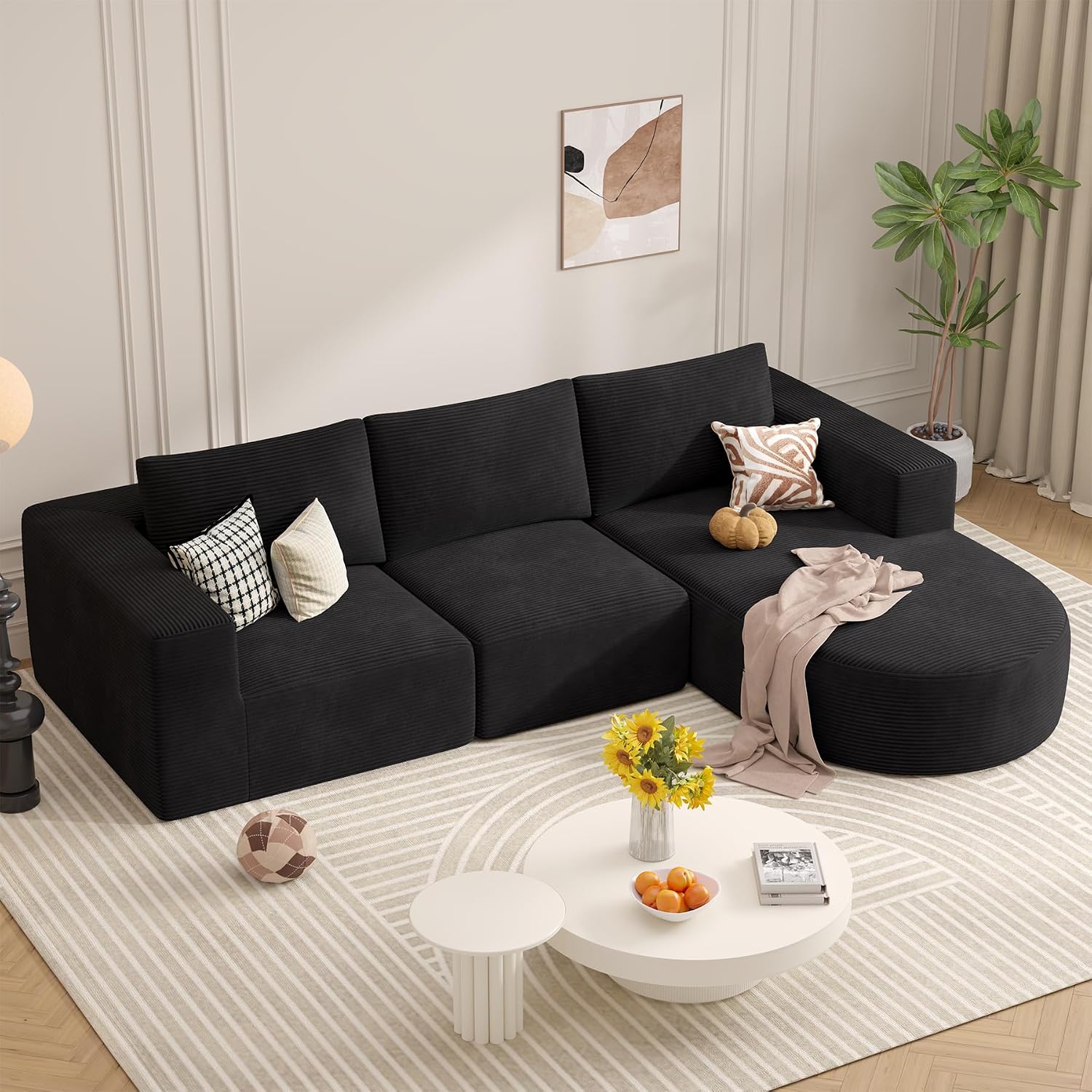 Modular Sectional Sofa with L-Shape Chaise,Cloud Sectional Modern Sleeper Couch with Deep Seat,Sponge Compression Sofas No Assembly Required(Black-Corduroy Fabric) 1PCS