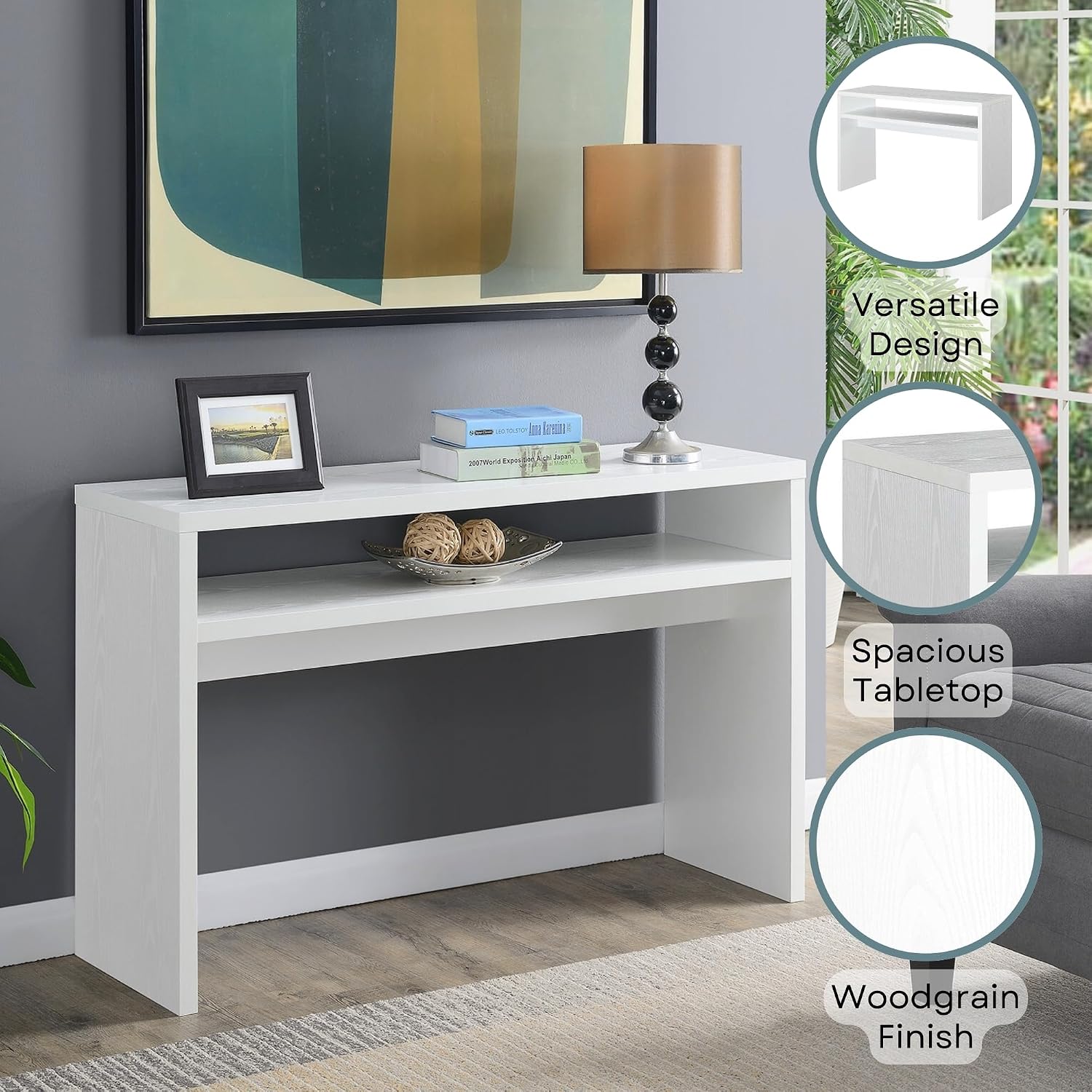 Convenience Concepts Northfield Deluxe Console Hall Table 48' - Modern, Minimalist Narrow Sofa Display Accent With Storage Shelf for Contemporary Living Room, Entryway, or Hallway, White
