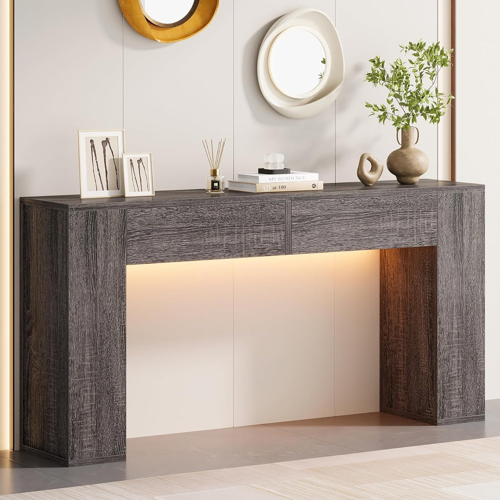 Farmhouse Console Table with LED Light and 2 Drawers, 55 inch Long Sofa Table Behind Couch, Narrow Entry Table for Entryway, Hallway, Entrance, Living Room (Gray)