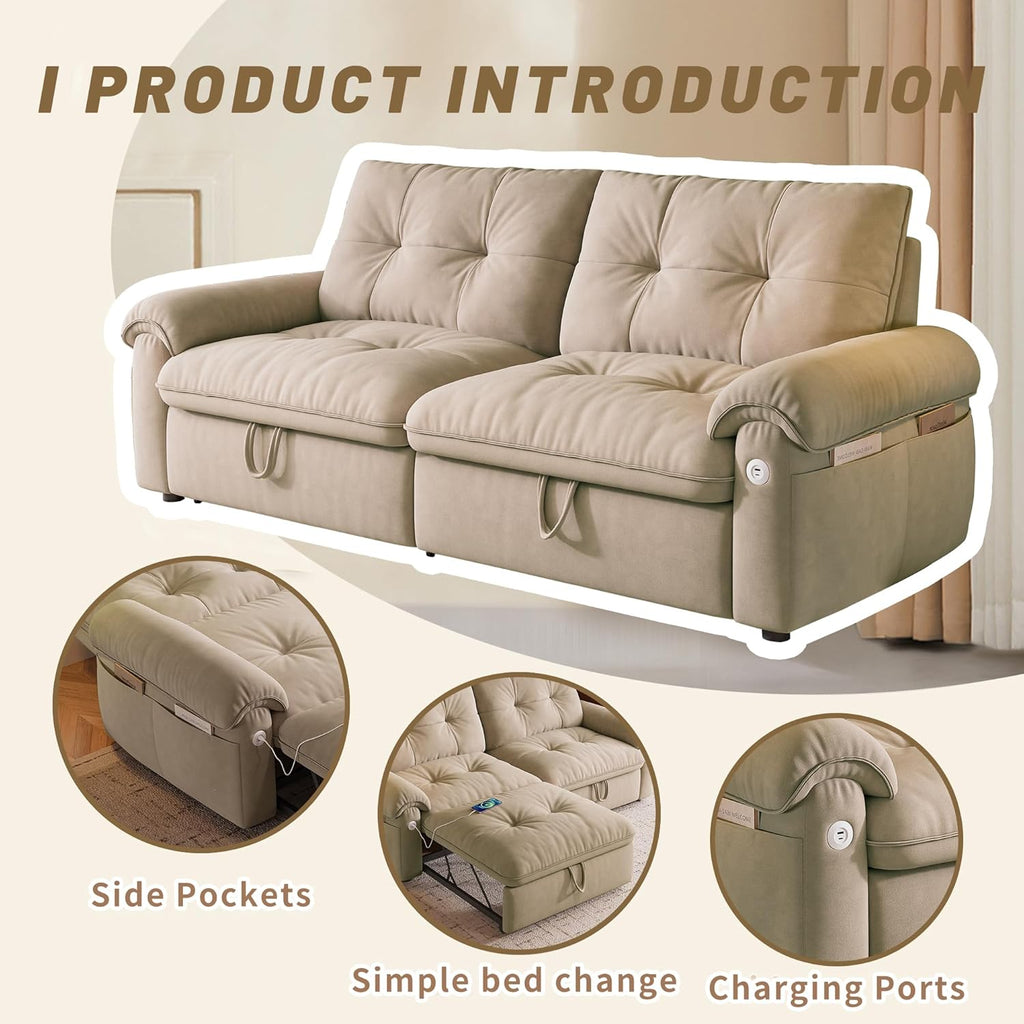 77' Queen Size Sleeper Sofa Bed, Convertible Pull Out Couch with Velvet Fabric, 3-in-1 Loveseat L Shaped Couch Bed with Adjustable Backrest, Side Pocket & USB Ports for Living Room Apartment