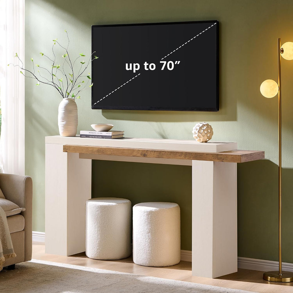 OKD 63 Inch Modern Entryway Console Table, Solid Geometry Accent Sofa Table Behind The Couch, Narrow Console Table for Entryway, Hallway, Living Room, Foyer, Antique White
