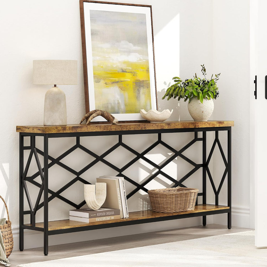 karlott 71' Extra Long Entryway Table, Narrow Console Table, Industrial Sofa Behind Couch Table with Open Storage Shelf, Hallway Table for Entryway, Living Room, Foyer, Entrance, Unique Design, Brown