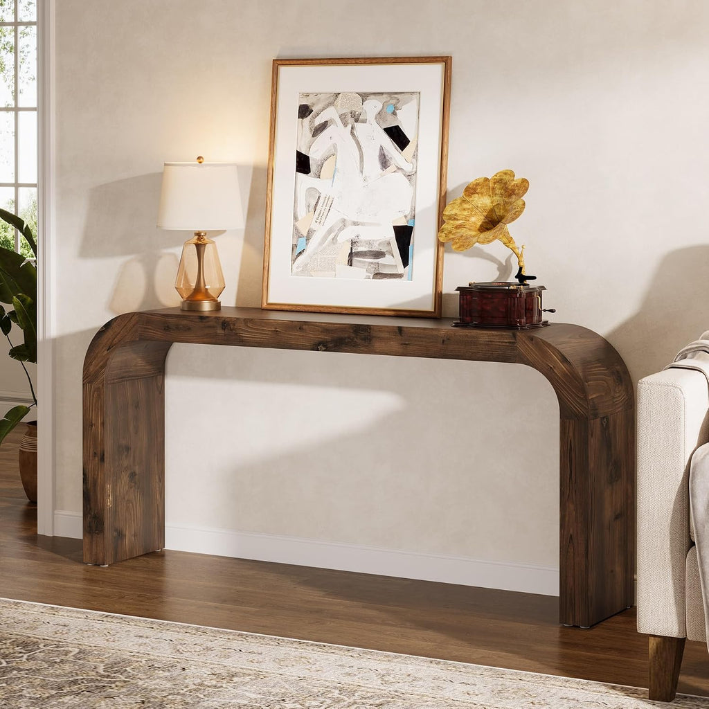 Solid Wood Console Table, 70.87-Inch Farmhouse Sofa Table with Waterfall Curved Corners for Hallway, Living Room, Behind Couch, Entrance (Dark Brown)