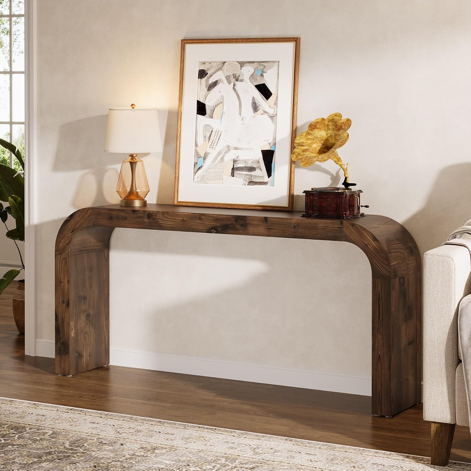 Solid Wood Console Table, 70.87-Inch Farmhouse Sofa Table with Waterfall Curved Corners for Hallway, Living Room, Behind Couch, Entrance (Dark Brown)