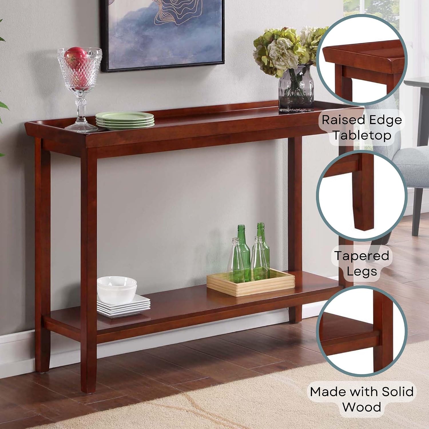 Convenience Concepts Ledgewood Console Table 48' - Modern Narrow Sofa Display Accent with Storage Shelf for Transitional, Traditional Living Room, Entryway, Hallway, or Bedroom, Mahogany