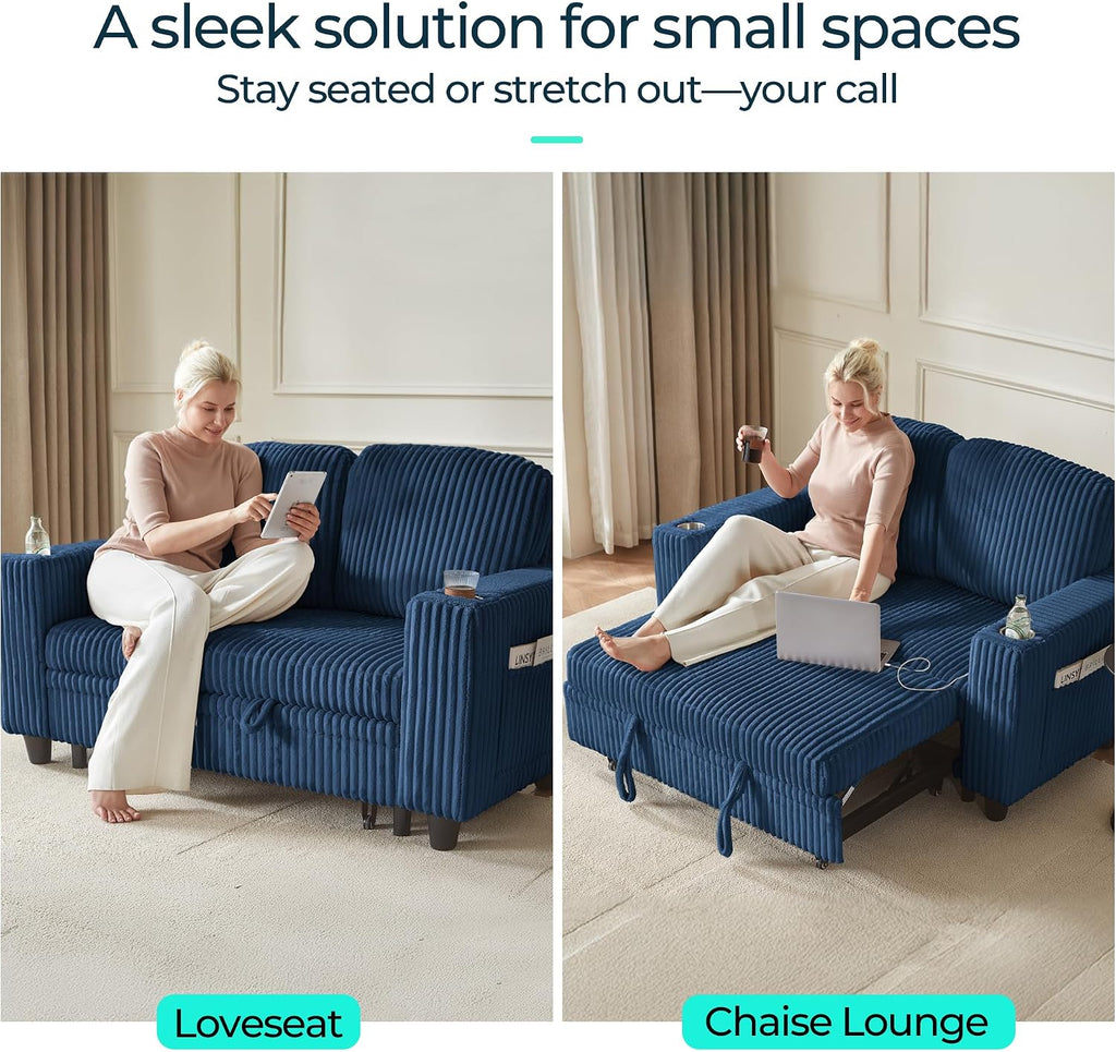 LINSY HOME Pull Out Loveseat Sofa Sectional Sleeper Sofa, Plush Corduroy Love Seat Couch Pullout Modular Sectional Couches for Living Room Apartment Bedroom (Blue)