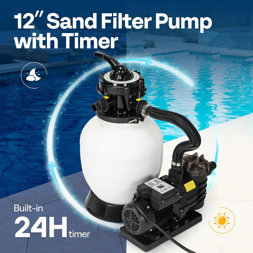 VIVOHOME Upgraded 2087 GPH Sand Filter Pump w/Timer, Fits in/Above Ground Pool Up to 10,000 Gallons, 7-Way Valve with 28.7-Pound Sand Capacity
