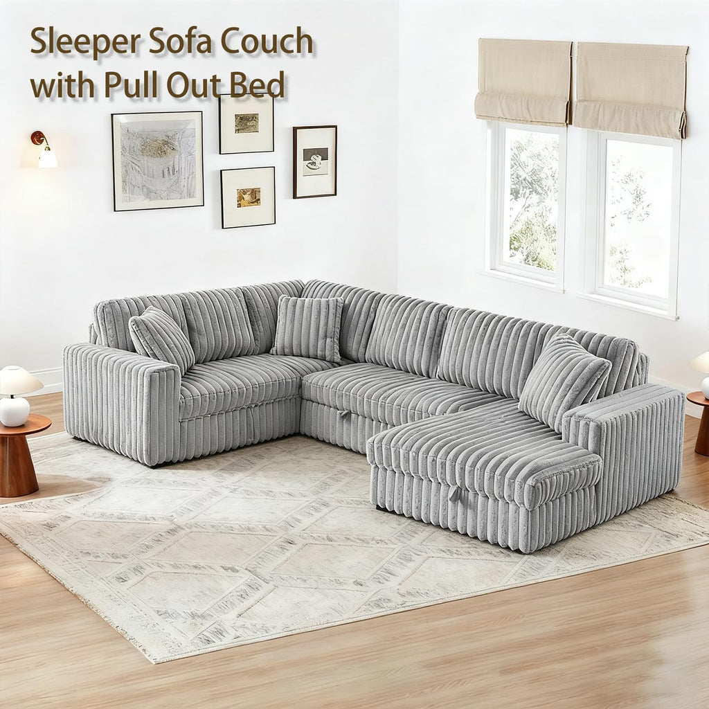 122 Inch Oversized U-Shaped Corduroy Sectional Sleeper Sofa with Pull Out Bed, Fluffy Plush Convertible Couch Bed with Storage Chaise for Living Room, Grey