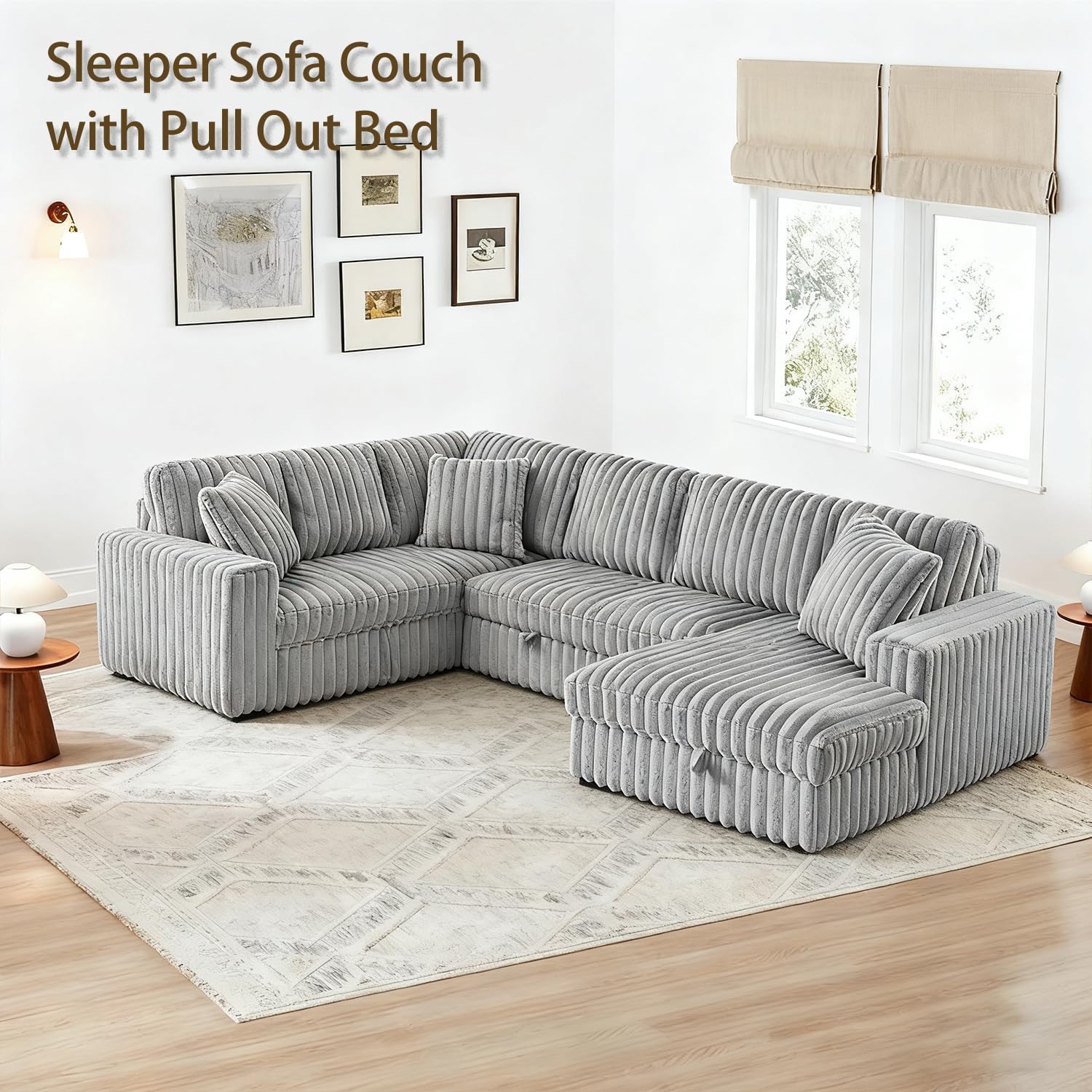 122 Inch Oversized U-Shaped Corduroy Sectional Sleeper Sofa with Pull Out Bed, Fluffy Plush Convertible Couch Bed with Storage Chaise for Living Room, Grey