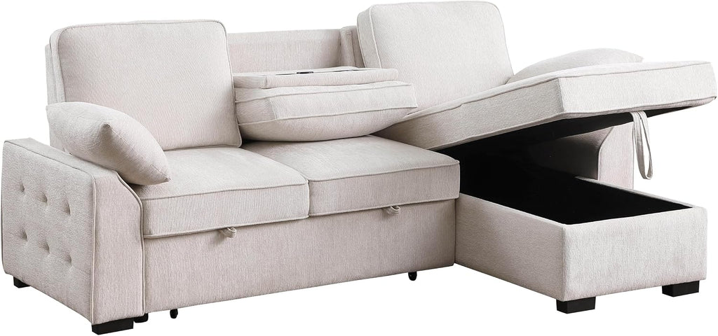 ERYE L-Shaped Pull Out Sleeper Couch Bed, Modern Chenille Upholstered Button Tufted Corner Couch Reversible Sectional Sleeper Sofa Bed W/Storage Chaise, Cup Holders