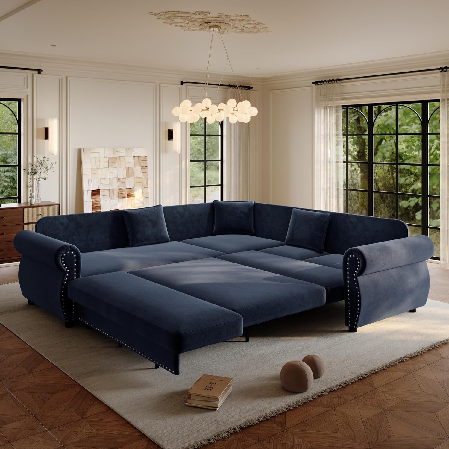88'' Sleeper Sofa Bed Queen, L Shaped Sectional Sofa with Pull Out Couch Bed, Chenille 5 Seater Couch with Nailhead Trim & Rolled Arm, Sectional Couches for Living Room Furniture Set, Blue