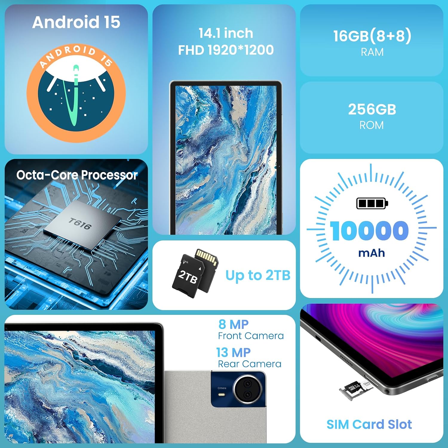 14 inch Large Screen Tablet, Android 15 Tablet 16GB RAM 256GB ROM, 1920 * 1200 IPS FHD Display, Widevine L1, 10000mAh 18W Charging, Wi-Fi & Bluetooth, 4G LTE, with Stand Case & Stylus
