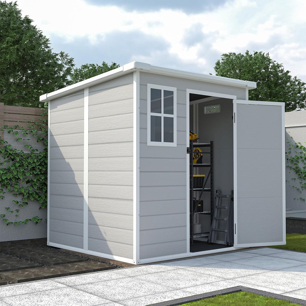 6 x 6 FT Resin Outdoor Storage Shed, Plastic Garden Shed with Floor, Large Storage Space, Lockable Doors & Windows, Plastic Tool Shed, 12mm Thick PP Board (6X6 FT)