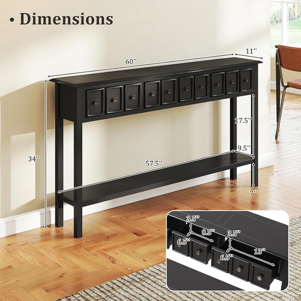 Giantex 60' Entryway Table, Long Narrow Console Table with 4 Drawers and Open Storage Shelf, Modern Slim Entry Tables, Farmhouse Wooden Sofa Tables with Anti-Tip Kit for Living Room, Hallway (Black)