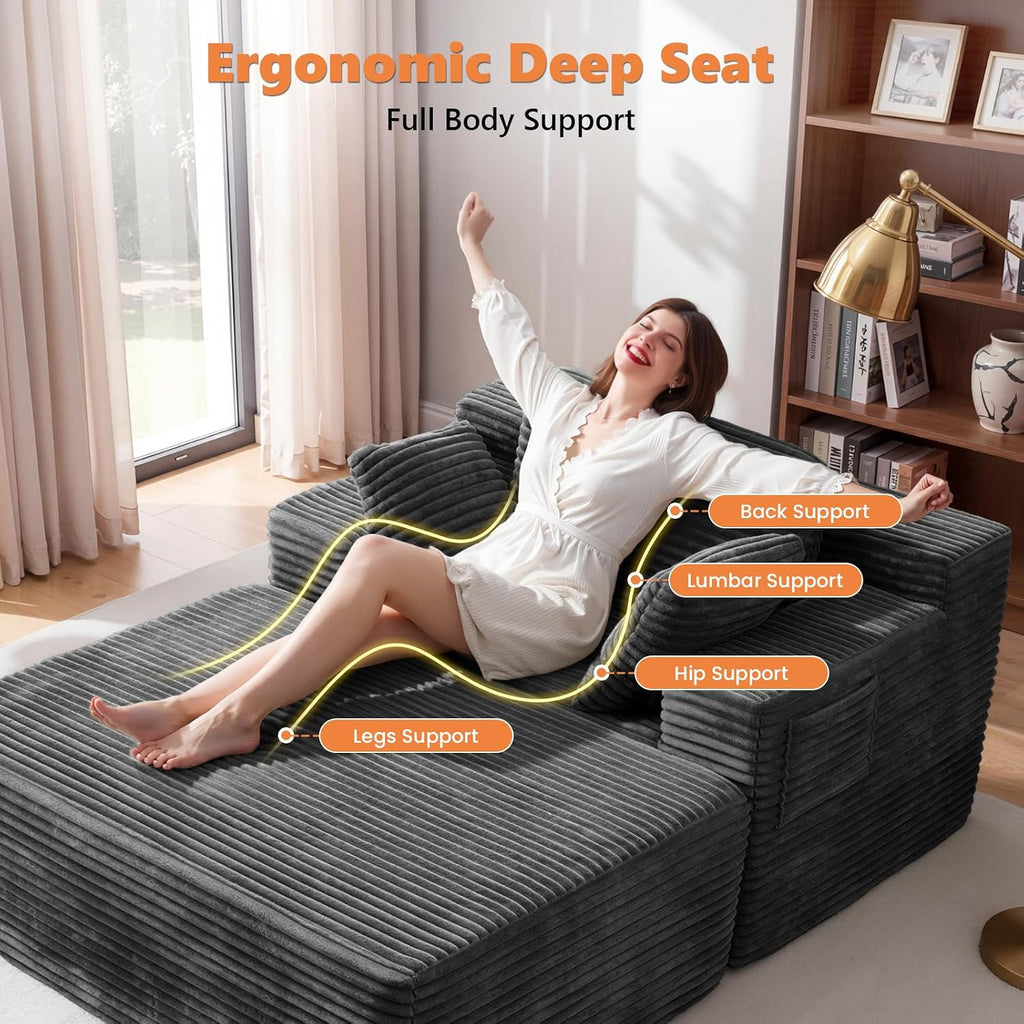 67' Oversized Chaise Lounge Chair Indoor with Ottoman and Double Side Pockets, Corduroy Deep Seat Couch, Boneless Couches for Living Room, No Assembly, Grey