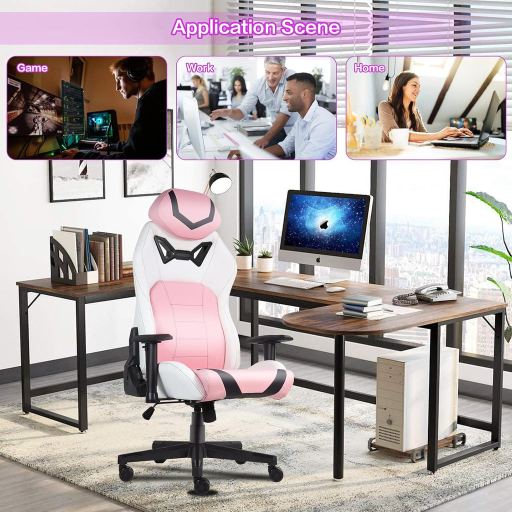 Modern-Depo Ergonomic Gaming Chairs for Adults with High-Density Memory Foam | Swivel Comfortable Office Chair, Big and Tall Video Game Chair, High Back Computer Chair for Home, Office, Pink White
