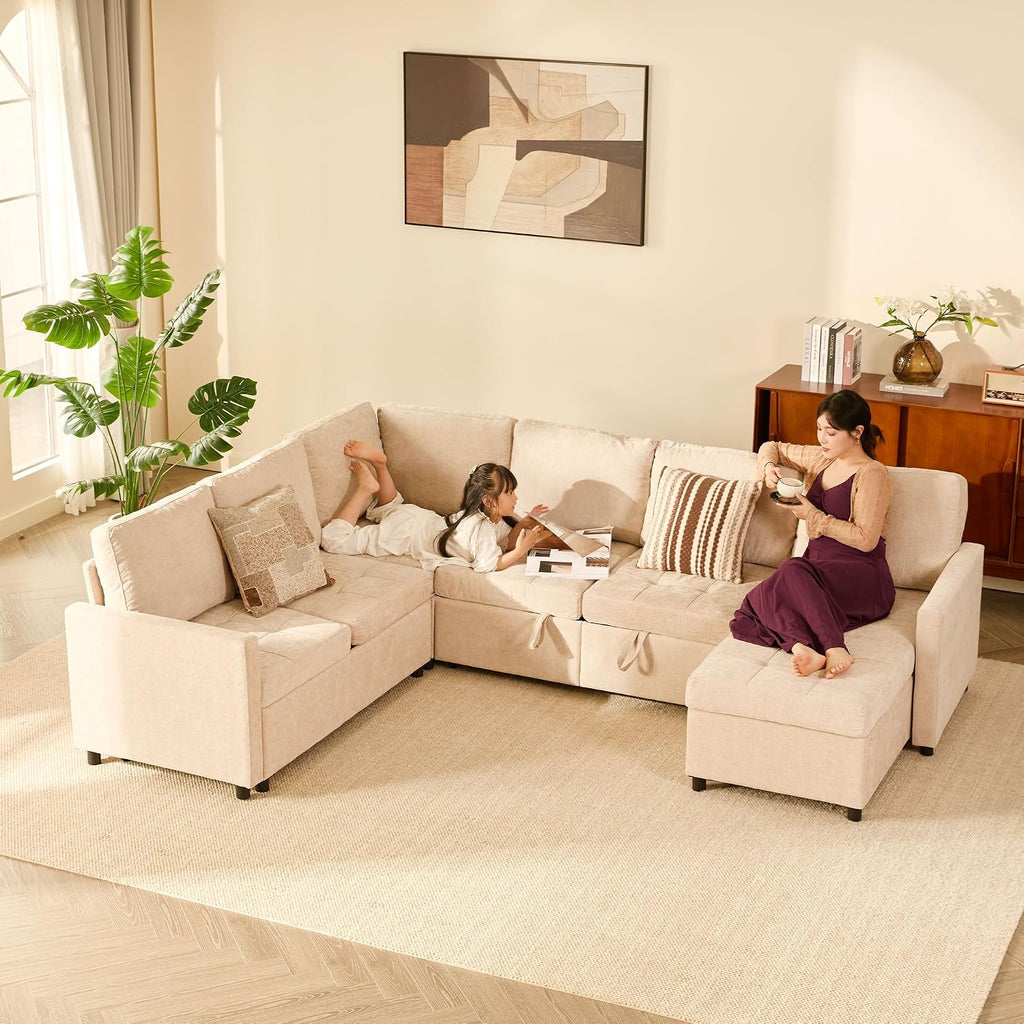 GOSUHI 107' Sleeper Sofa, Set of Modular Pieces with Pull Out Bed, U Shaped Sectional Couch with Storage, Extra Wide&Deep Seat Couches for Living Room, Removable Sofa Cover, Chenille-Flat White
