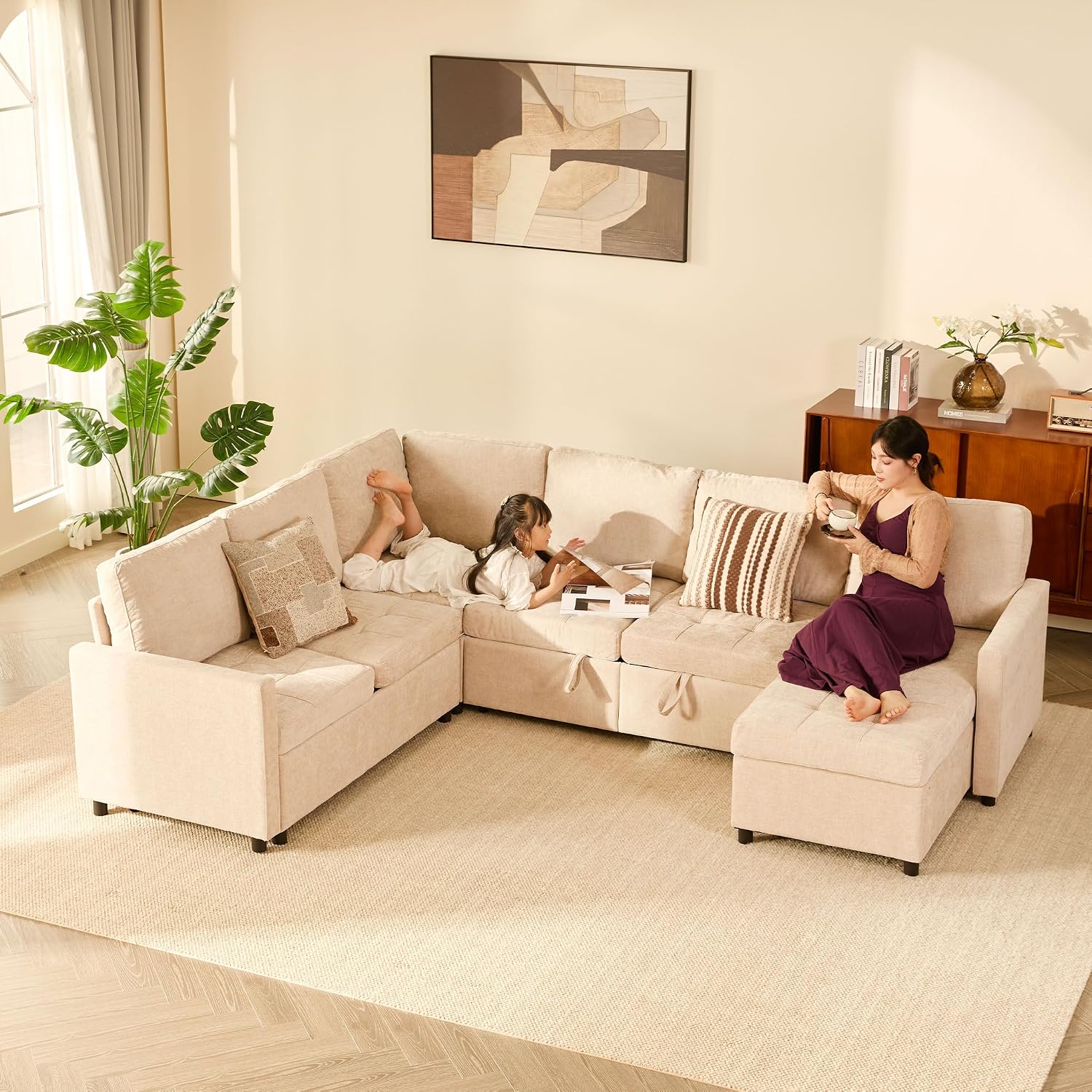 GOSUHI 107' Sleeper Sofa, Set of Modular Pieces with Pull Out Bed, U Shaped Sectional Couch with Storage, Extra Wide&Deep Seat Couches for Living Room, Removable Sofa Cover, Chenille-Flat White