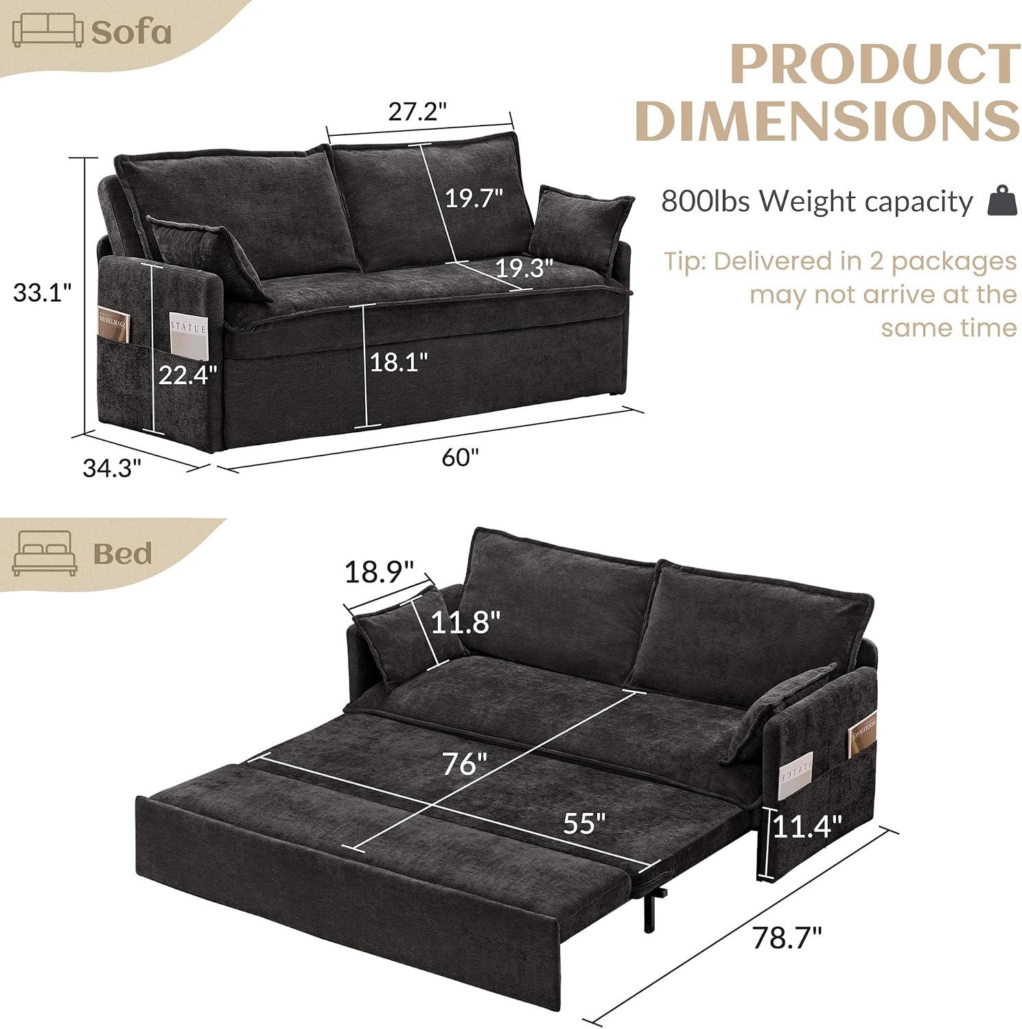 SUNWAVE 60' Queen Pull Out Sofa Bed - Convertible Sleeper Sofa Bed, Chenille Loveseat Pull Out Couch with USB Charging, Side Pockets for Living Room, Bedroom, Small Spaces(Ink, 60')