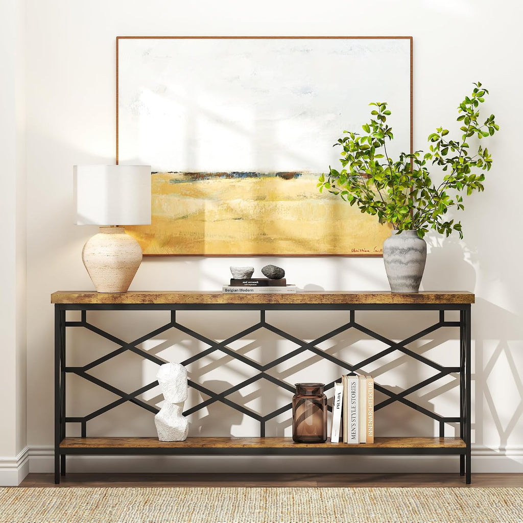 karlott 71' Extra Long Entryway Table, Narrow Console Table, Industrial Sofa Behind Couch Table with Open Storage Shelf, Hallway Table for Entryway, Living Room, Foyer, Entrance, Unique Design, Brown