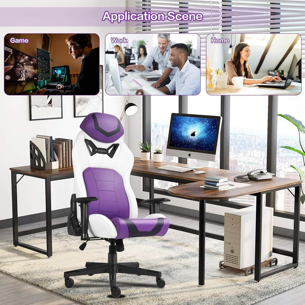 Modern-Depo Ergonomic Gaming Chairs for Adults with High-Density Memory Foam | Swivel Comfortable Office Chair, Big and Tall Video Game Chair, High Back Computer Chair for Home, Office, Purple White