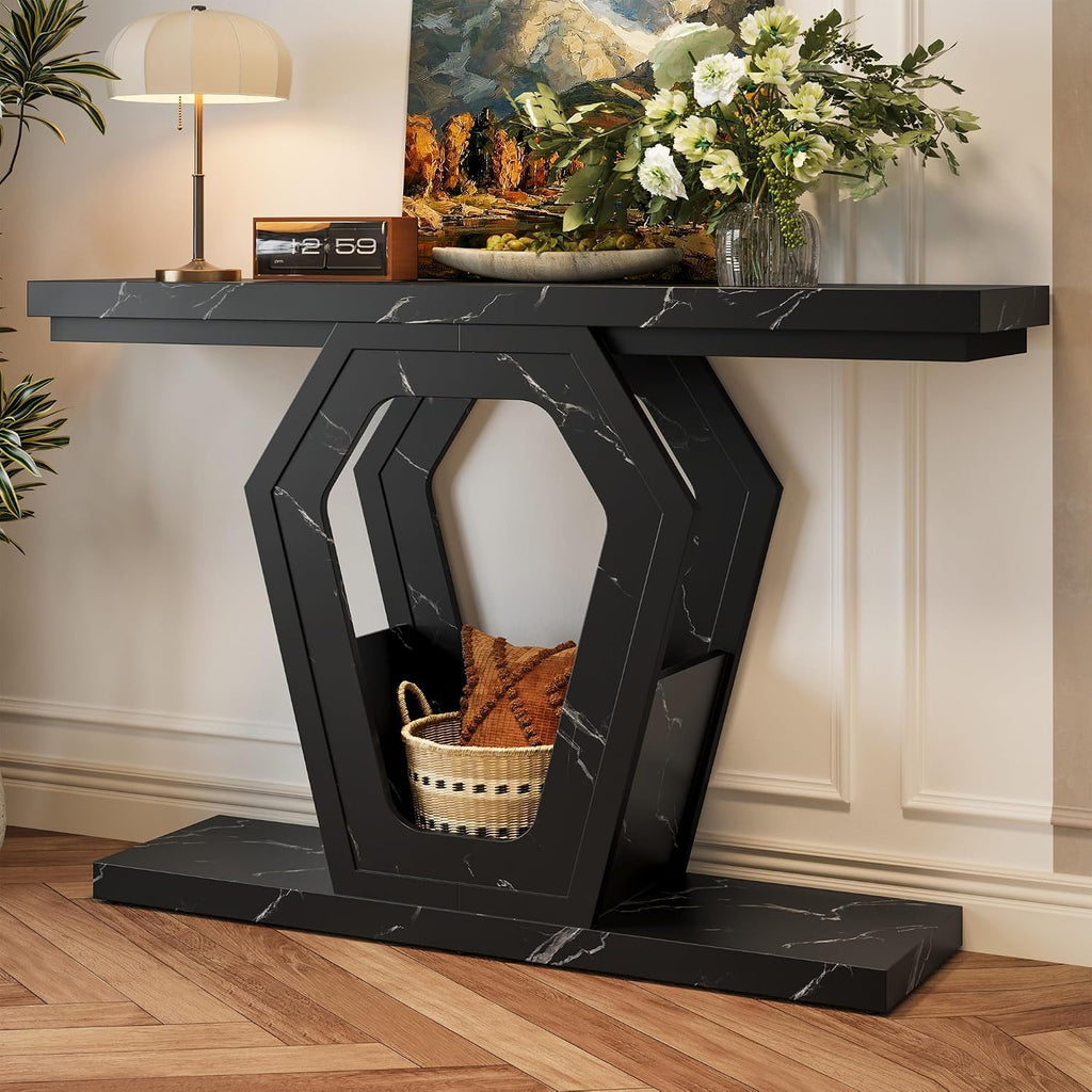 FUSUNBAO 47.3' Console Table,Openwork Bracket Sofa Table, Wood Narrow Entryway Table for Hallway, Behind The Couch, Living Room, Foyer, Easy Assembly (Black Marble Texture)