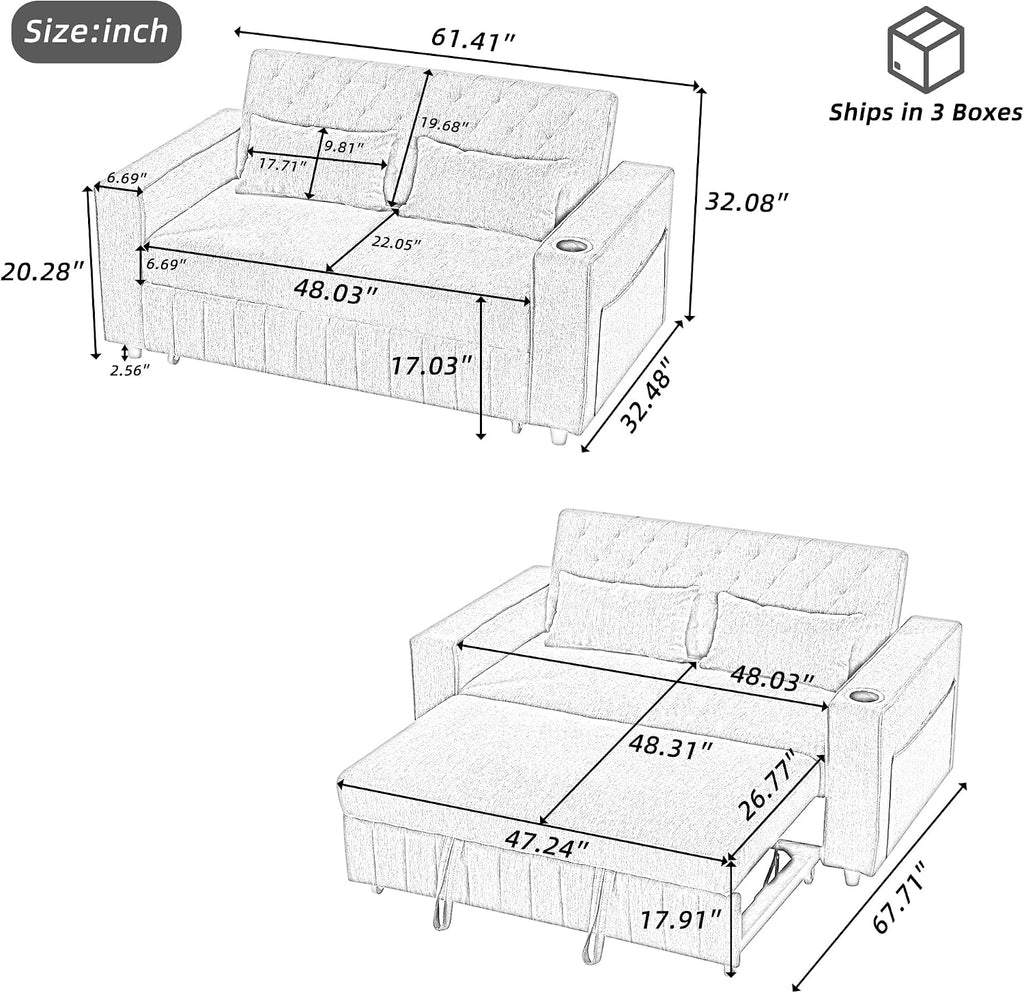 Merax Pull-Out Sleeper Sofa Bed with Reversible Backrest and Two Throw Pillows, 3 in 1 Foton Couch with USB Ports & Cup Holder, Chenille Loveseat with Storage Shelves for Living Room, Grey