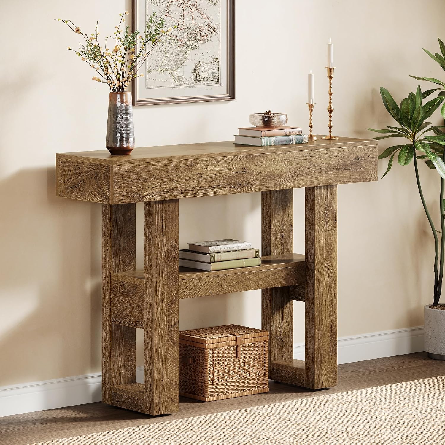Tribesigns 41.34-Inch Farmhouse Console Table, 2-Tier Narrow Sofa Table Behind The Couch, Entryway Furniture with Storage Shelves for Hallway Foyer Living Room, Light Brown