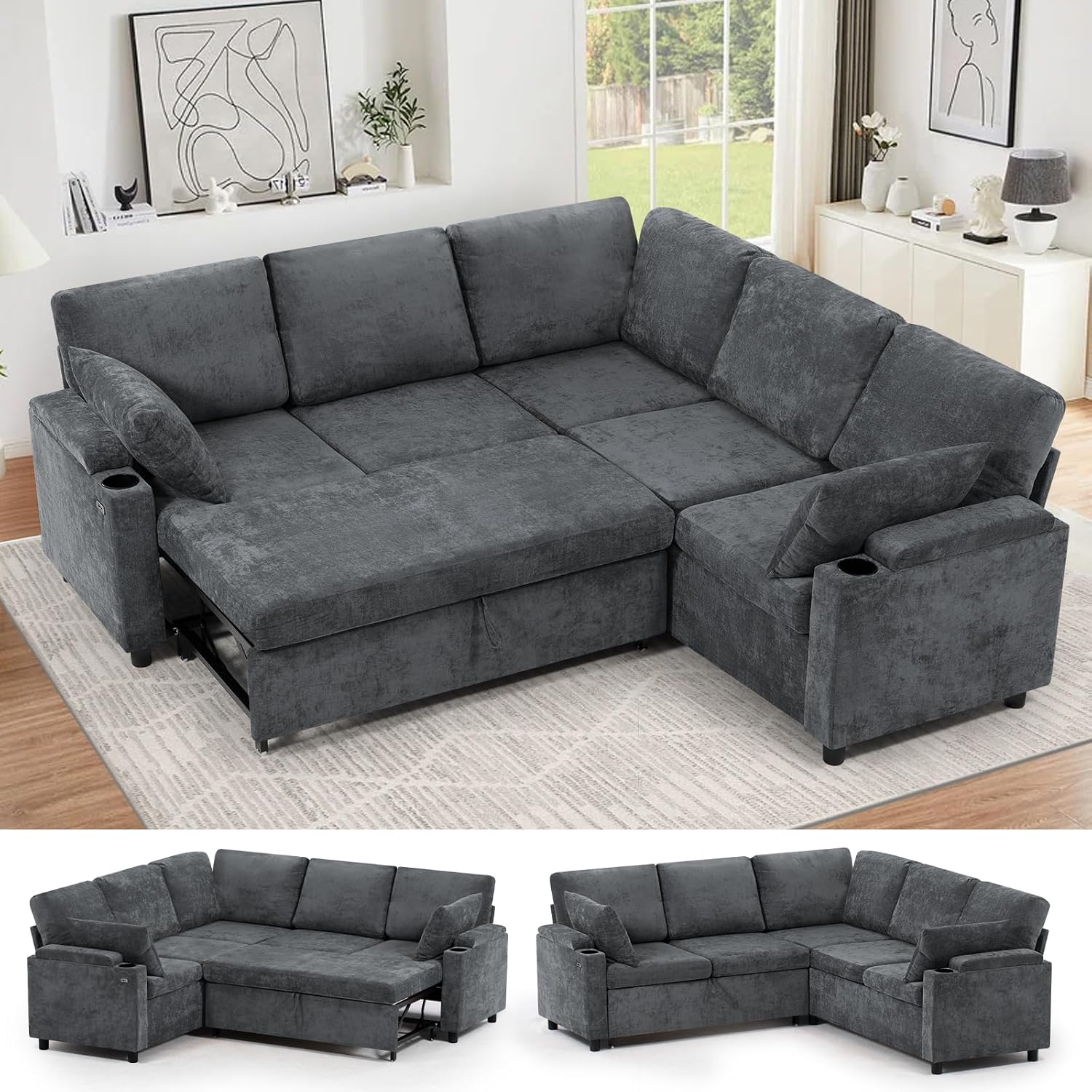 85' Chenille Reversible Sectional Sofa w/Pull Out Bed, Upholstery L-Shaped Couch w/Storage Armrests & Cup Holders, Modern Corner Sofa w/USB Charging Port & Throw Pillow for Living Room, Grey