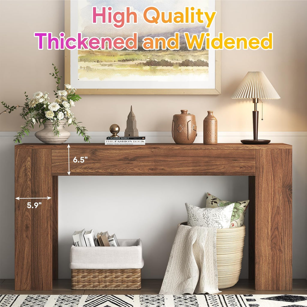 knoworld 63-Inch Long Console Table with LED Light, Farmhouse Sofa Table Behind Couch, Wooden Console Table for Entryway Hallway Entrance Living Room, Brown