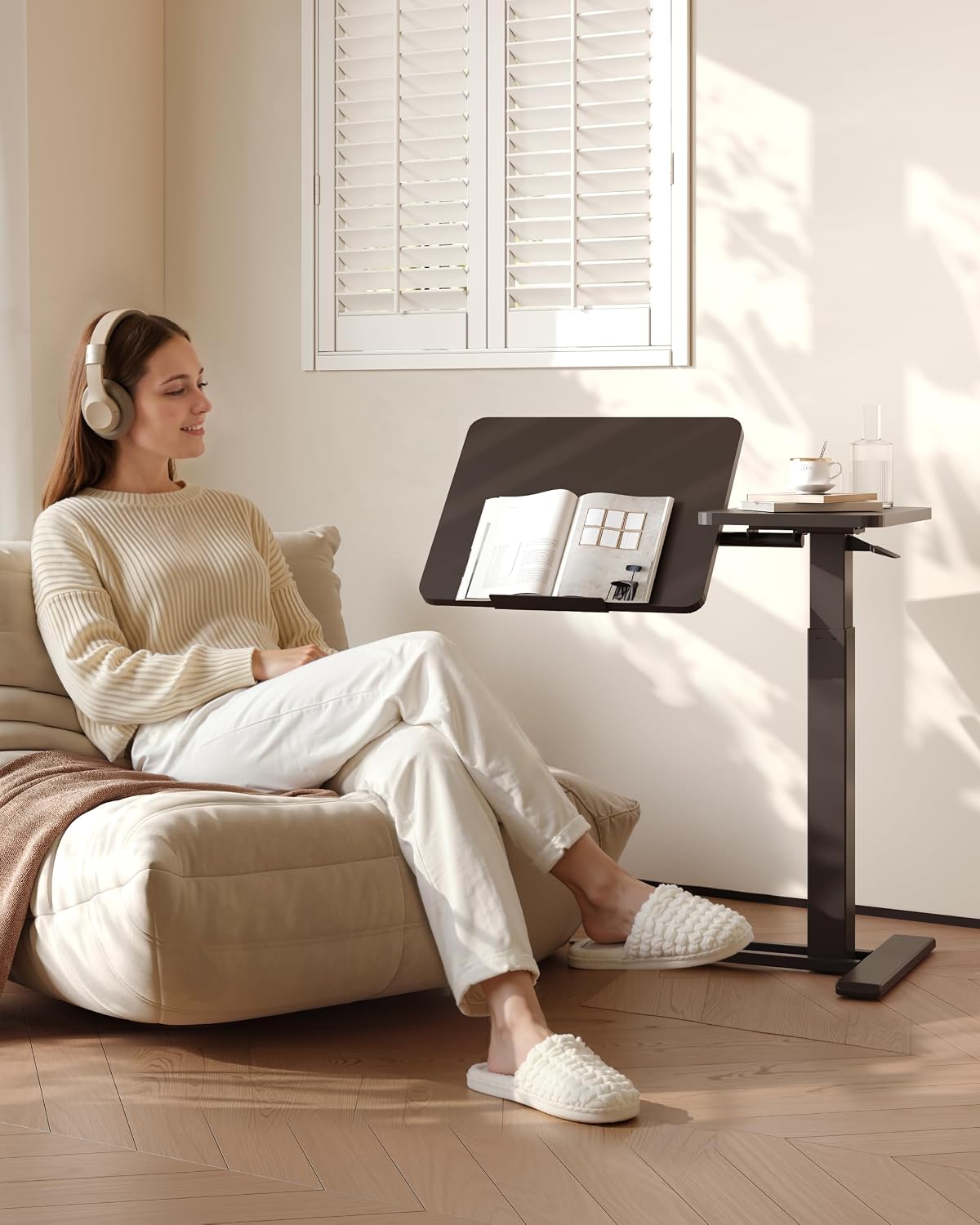 FLEXISPOT Adjustable Height C-Shaped End Table with Split Tilting Top – Mobile Side Table for Sofa & Bedside, Slides Under Furniture, Hidden Wheels for Small Spaces(31.6' W x 15.7' D,Black)