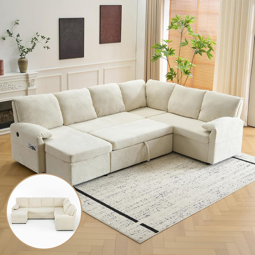 VINGLI Convertible Sofa Bed, U-Shape Sectional Couches for Living Room Sleeper Sofa with Pull Out Couch Bed Cloud-Like Plush Fleece Sofa Couch with Storage Chaise, USB Charging, Side Pockets