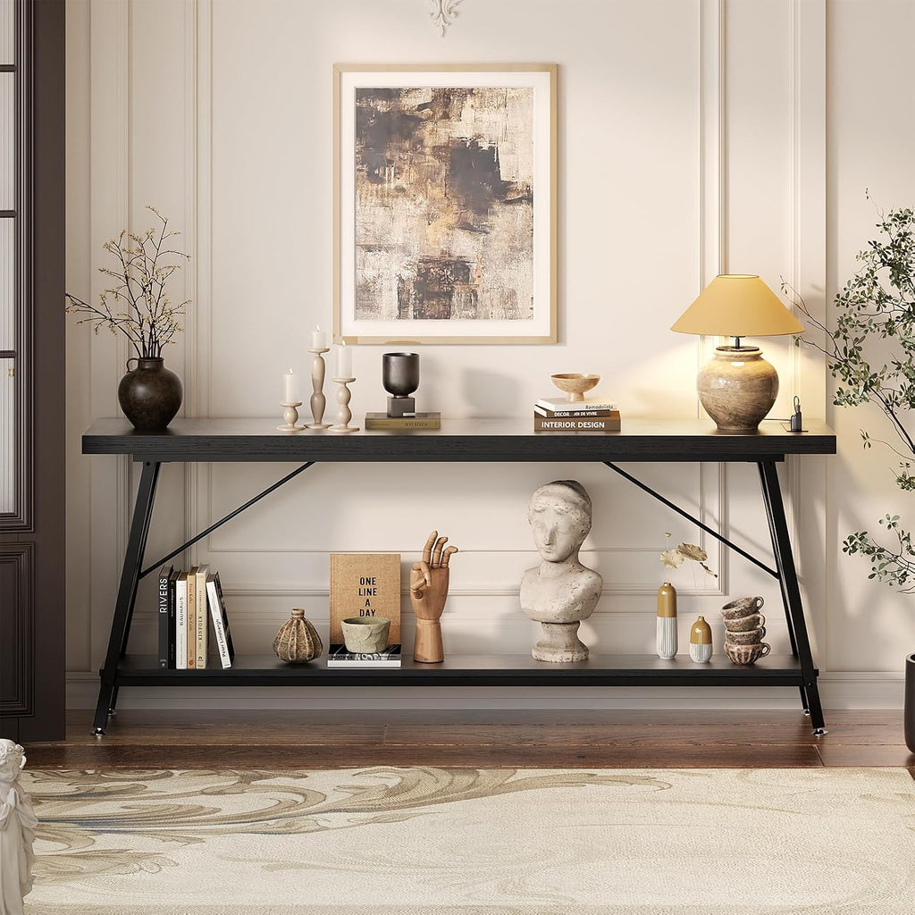 Homieasy 70.9 Inch Extra Long Console Table, Industrial Sofa Table Behind Couch with Charging Station & Storage Shelf, Entryway Table for Living Room & Entryway, Black