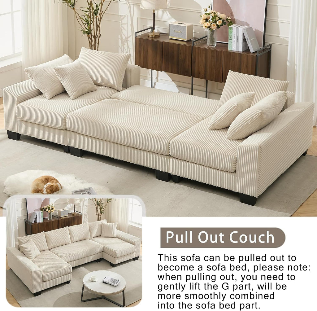 114' Sectional Couches with Pull Out Bed for Living Room, Oversized 2 in 1 Sectional Sleeper Sofa Comfy, Modern Upholstery 4 Seat U Shaped Couches with Double Chaise for Apartment, Beige